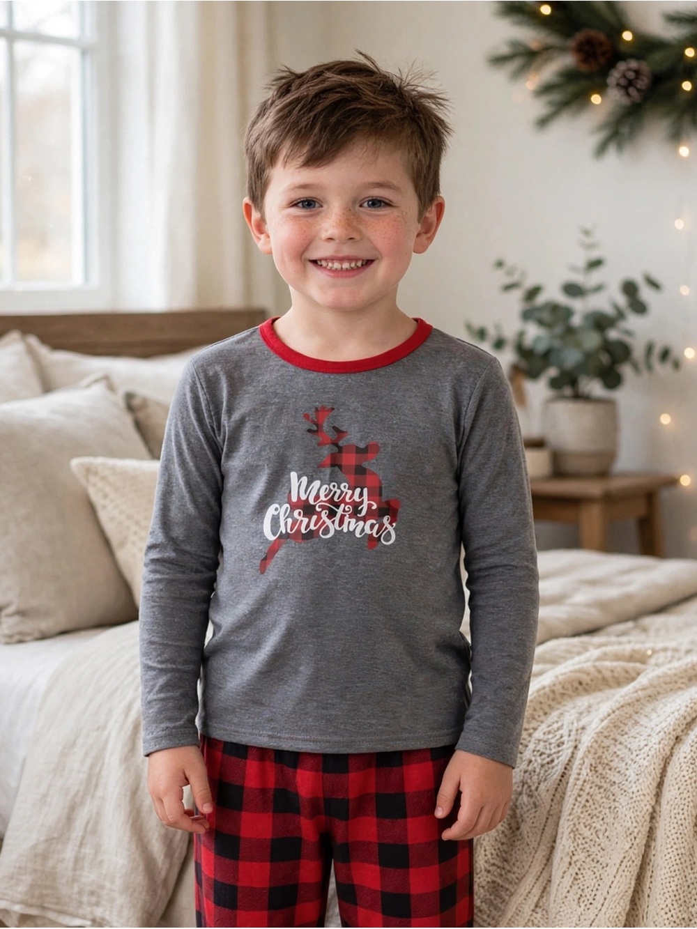 Merry Christmas Grey, Black & Red Plaid Reindeer Pajama Set Size 6/7